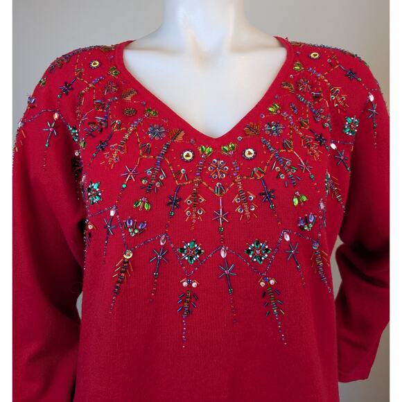Marisa Christina Holiday Sweater Large Red Beaded Sequined  Embellished Glam - Picture 2 of 9